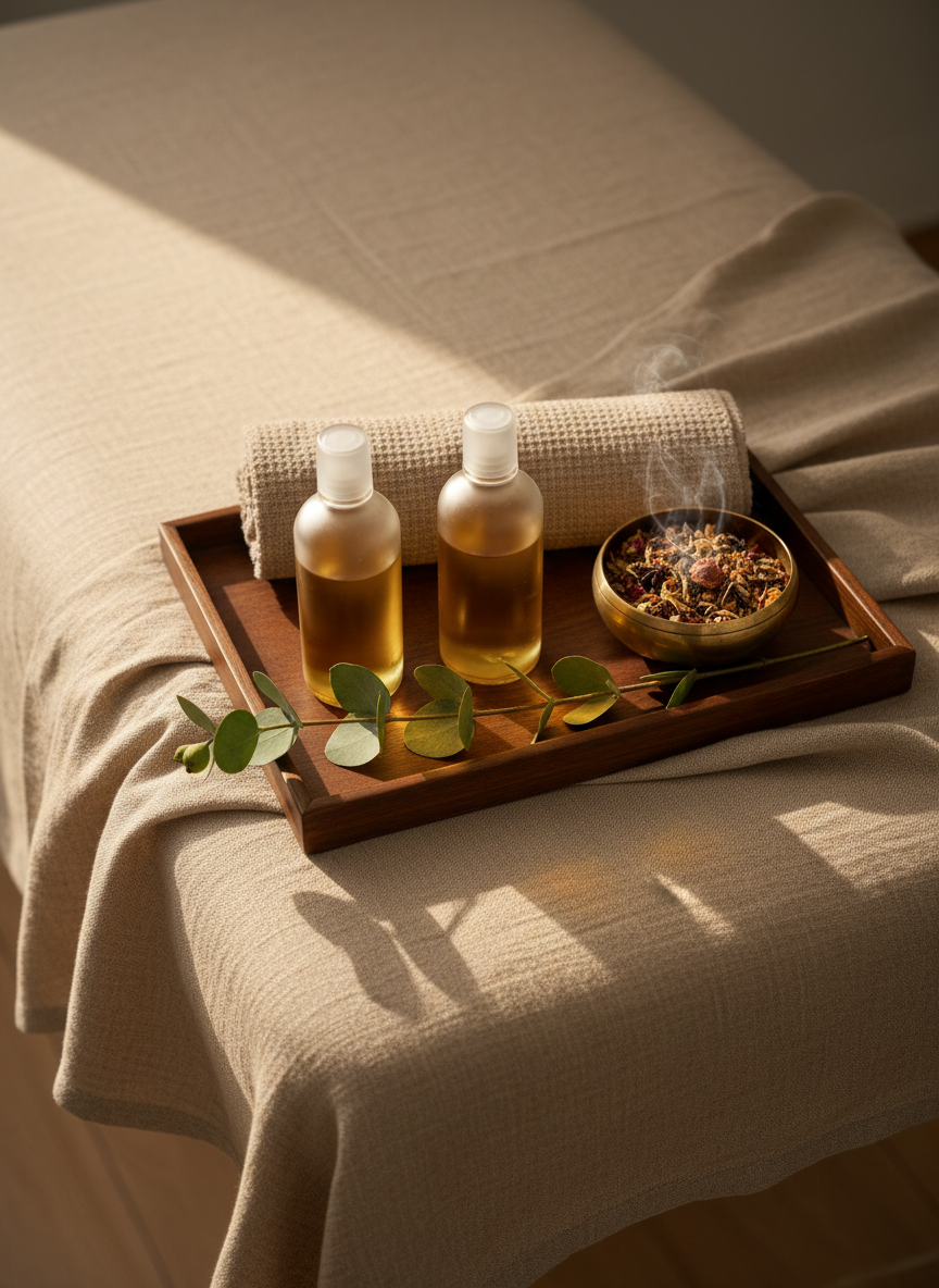 A harmonious still life evoking ayurvedic and Californian well-being massages: an elegant dark wooden tray holds two frosted glass bottles of golden massage oil, a small brass bowl with a warm herbal blend, and a folded, finely textured beige hand towel. A single green eucalyptus branch extends across the tray, adding a subtle touch of nature. The tray rests on a soft, sand-colored linen throw draped over the corner of a massage table. Late afternoon natural light streams in from the left, creating delicate highlights on the glass and brass, and soft, feathery shadows across the fabric. The composition is intimate and minimal, photographed from above with a shallow depth of field around the tray, exuding quiet luxury and sophisticated relaxation.