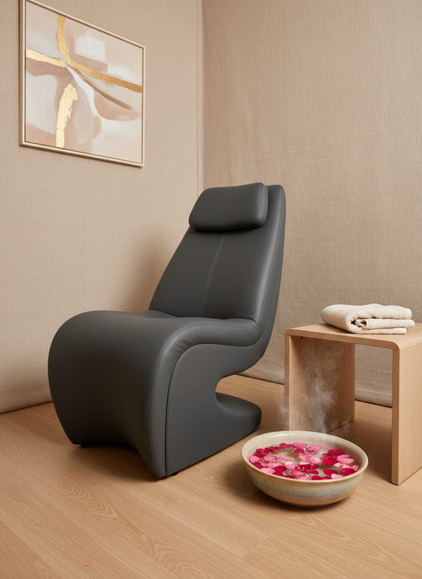 A refined corner dedicated to reflexology and Amma assis, with an ergonomically sculpted massage chair in matte charcoal faux leather, placed on a smooth oak floor. Beside it, a low side table in pale wood holds a porcelain basin filled with warm water, scattered rose petals, and a folded ivory towel waiting for a foot ritual. The backdrop features a textured linen wall in sand tones, accented with a simple abstract art piece in muted beige and gold. Soft, diffused studio lighting creates a gentle glow with almost no harsh shadows, evoking calm professionalism and comfort. Photographic realism, shot from a three-quarter angle, medium distance, with crisp details and a subtly blurred background that keeps the focus on the massage chair and foot basin.