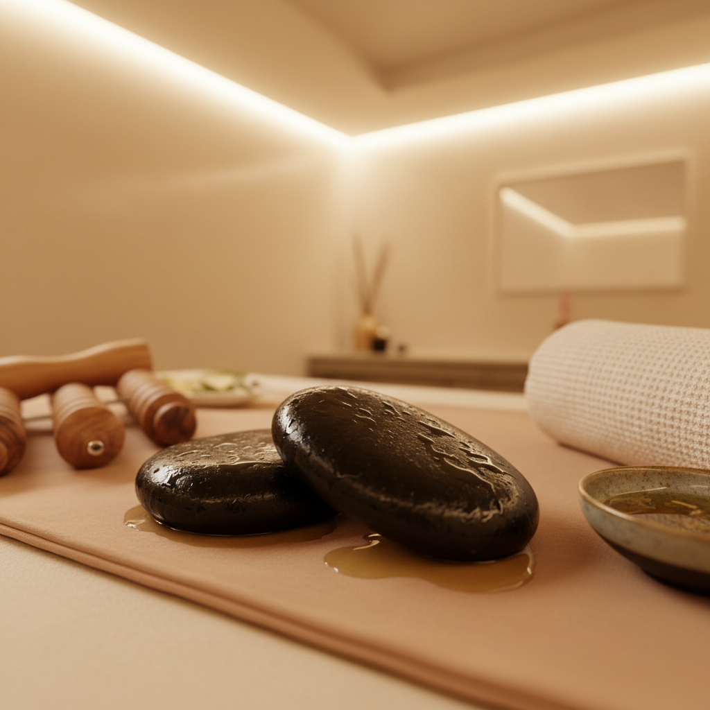 A close-up, photographic view of a pair of dark, velvety hot stones resting on oiled skin-toned fabric atop a massage table, glistening subtly with warm massage oil. Around them, neatly arranged tools hint at different techniques: polished wooden maderotherapy rollers, a small bowl of golden ayurvedic oil, and a folded linen towel with delicate woven texture. The scene is set in a softly lit wellness room with warm, indirect lighting from concealed LED strips, casting gentle, elongated shadows. The atmosphere feels cocooning, intimate, and indulgent. Captured from a slightly elevated macro angle, with extreme detail on textures and a shallow depth of field, the background melts into a warm, creamy blur, emphasizing sophistication and sensory richness.
