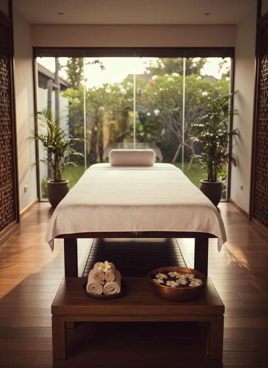 An elegant, zen-inspired massage cabin designed for Lomi-Lomi and Balinese rituals, featuring a wide dark-wood massage table draped in immaculate white linens with a subtle jacquard pattern. At the foot of the table, a low teak bench holds a copper bowl of floating white frangipani flowers and a small stack of rolled towels in sandy tones. The room opens onto a suggestion of a lush, blurred garden through floor-to-ceiling windows, with late-afternoon natural light filtering through. The ambiance is exotic yet minimalist, calm and airy. Photographic realism with a wide-angle lens at eye level, using the rule of thirds to place the massage table as the central focal point, while the soft greenery and warm wood tones frame the scene elegantly.