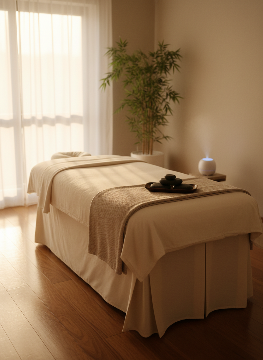A luxurious massage table covered in thick, cream-colored organic cotton linens, carefully arranged with a folded taupe blanket and a small tray of smooth basalt hot stones near the headrest. The table is positioned in an elegant spa room with warm wooden floors, beige walls, and minimalist décor featuring a single tall bamboo plant and a ceramic diffuser releasing a fine mist. Soft, golden-hour natural light filters through sheer white curtains, creating gentle reflections on the polished wood. The mood is serene, refined, and sophisticated. Photographic realism, eye-level composition with a slight angle toward the table, shallow depth of field that keeps the massage setup in sharp focus while the background softly blurs into a creamy bokeh.