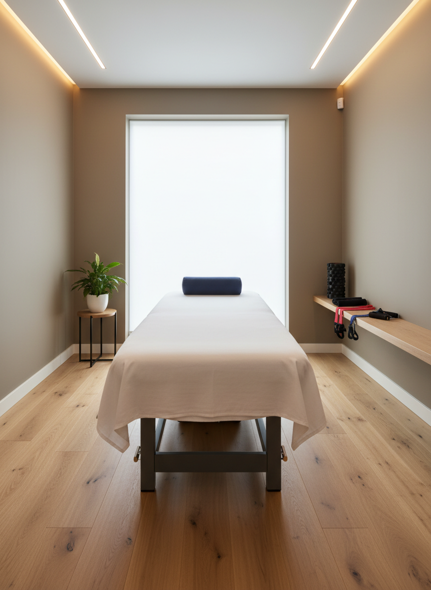 A dedicated sports massage and recovery space with a sleek graphite-grey massage table covered in taut, snow-white sheets, a neatly folded navy bolster at one end, and a set of resistance bands and a foam roller arranged precisely on a nearby minimalist shelf. The room maintains a spa-like sophistication: light oak flooring, walls in warm greige, and a large frosted window diffusing soft daylight across the scene. The mood balances energy and relaxation, conveying performance and well-being without any clinical feel. Photographic realism, shot from a slightly elevated wide angle with clear, sharp focus throughout, emphasizing clean lines, order, and the premium character of the space while avoiding any overtly medical equipment or atmosphere.