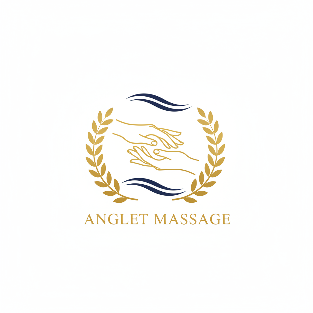 A elegant circular logo for a massage business. Two hands gently touching in the center, surrounded by golden laurel branches forming a wreath on both sides. Three flowing wave lines in dark navy blue, one above and two below the hands. The text "ANGLET MASSAGE" (without S at the end) written in golden serif capital letters at the bottom. White background. Same style as the original: sophisticated, minimal, gold and navy blue color scheme.